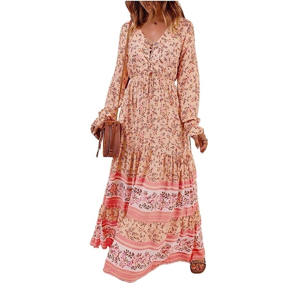 Boho Floral Maxi Dress in Peach Pink